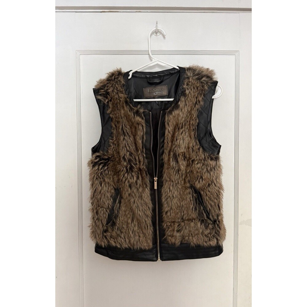 Ci Sono By Cavalini Faux Fur Faux Dark Brown Leather Vest L mob wife boho chic